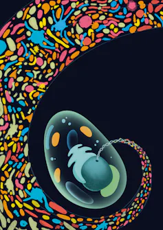dibujo de bacterias en forma de espiral y de la primera célula