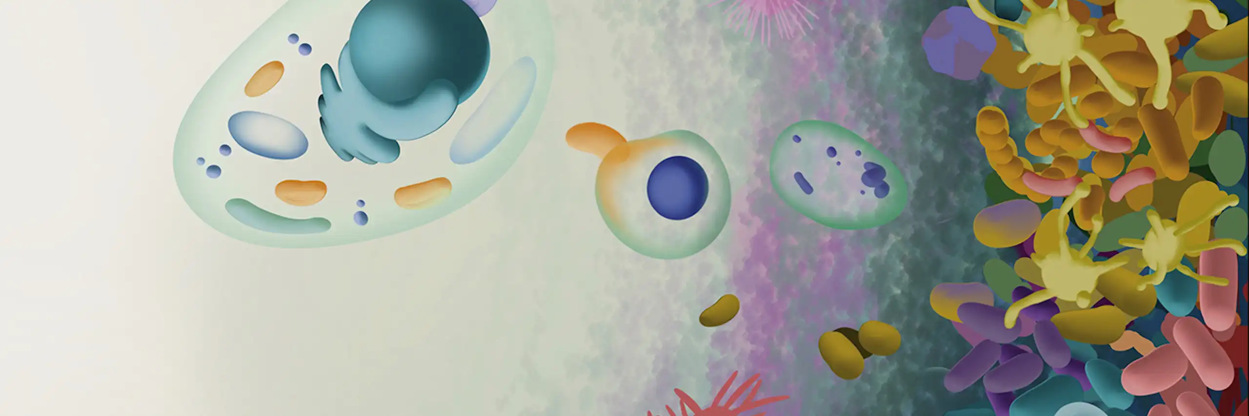 ilustracion de microbios de colores y la primera célula