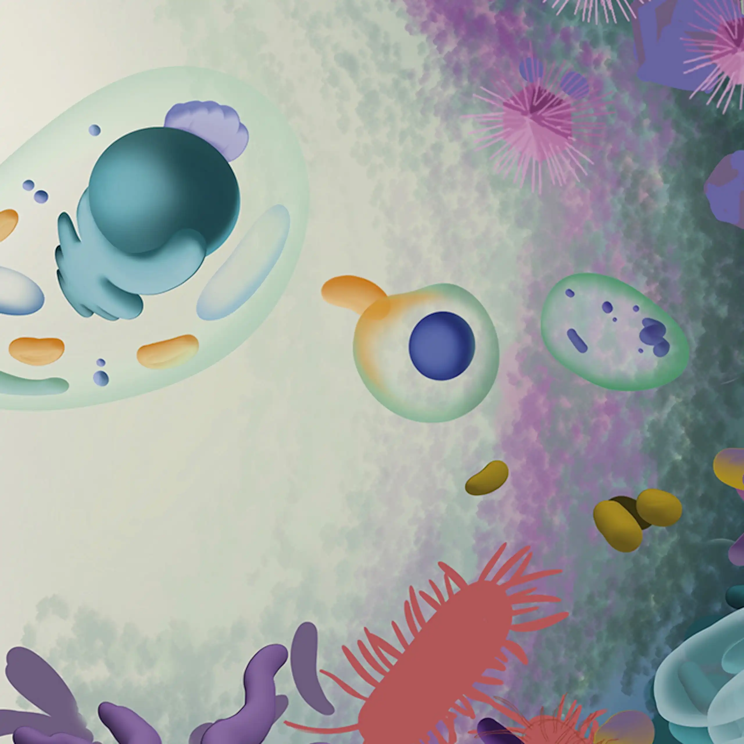ilustracion de microbios de colores y la primera célula