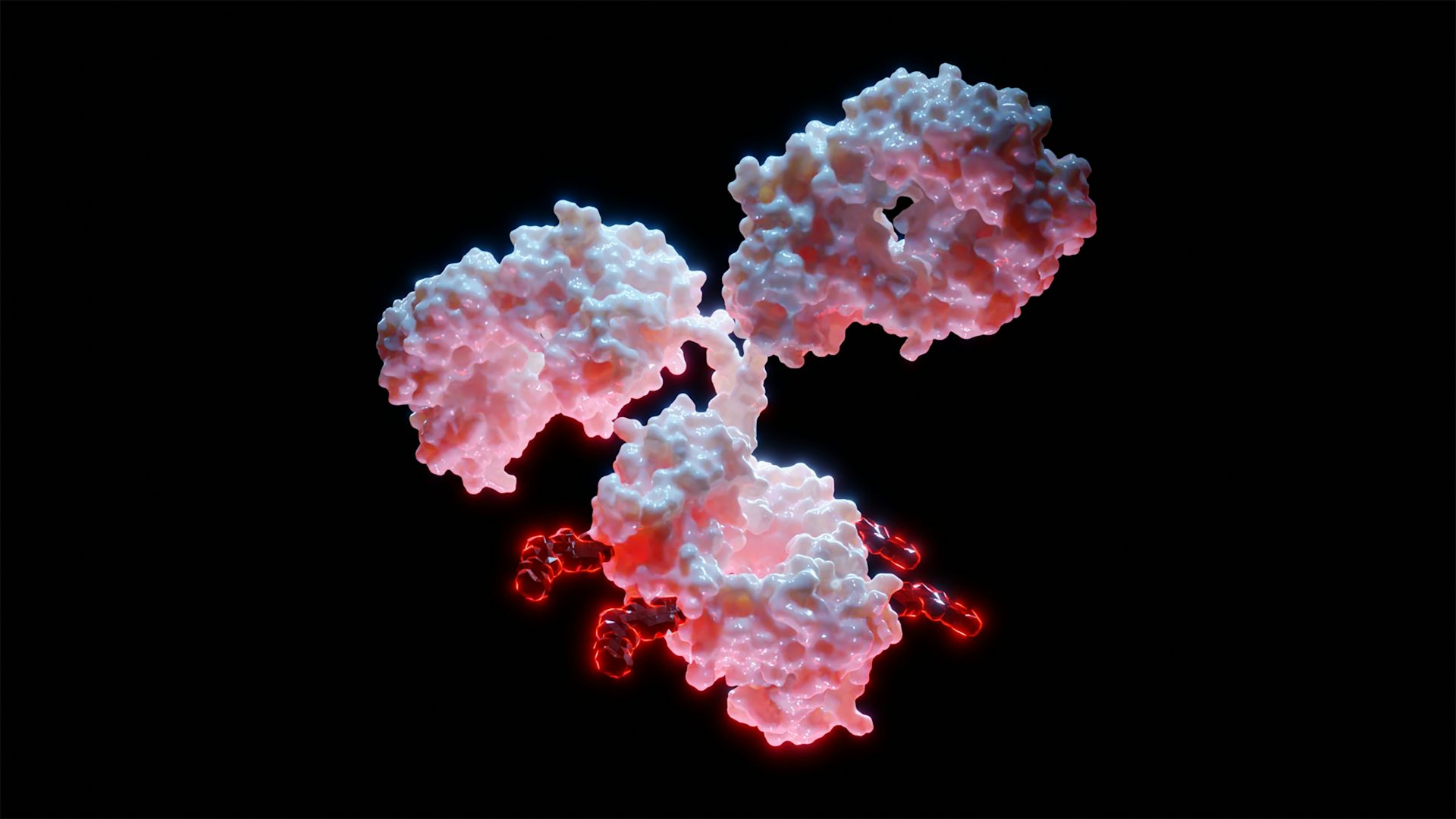 A digital drawing depicting an antibody drug conjugate, which is shaped like the letter 'T'. Its surface is textured like rocks.