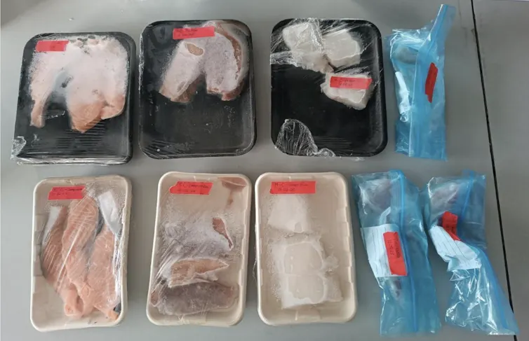 Filetes de pescado en diferentes envases plásticos