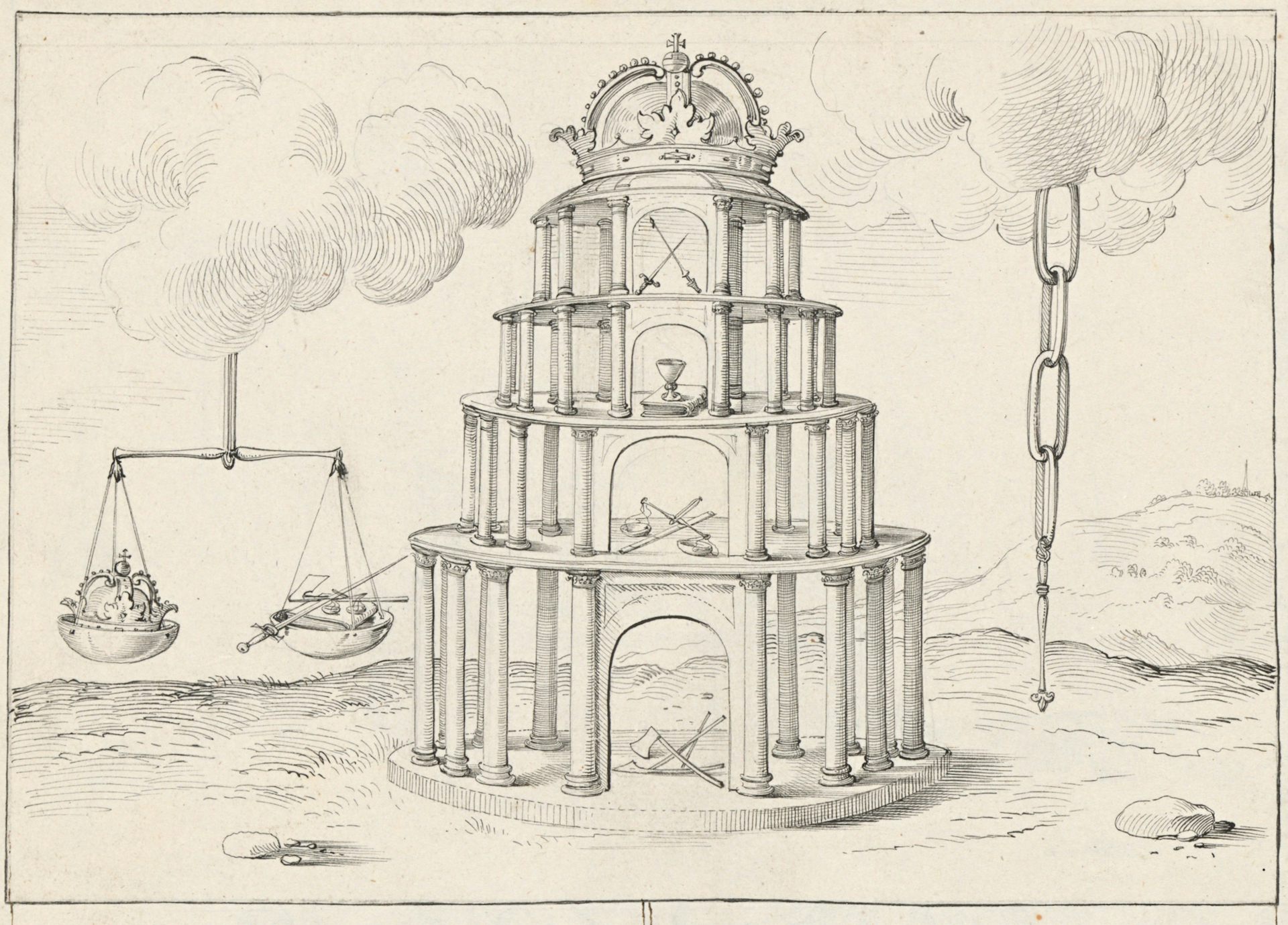 A drawing of a symbolic edifice topped with a royal crown