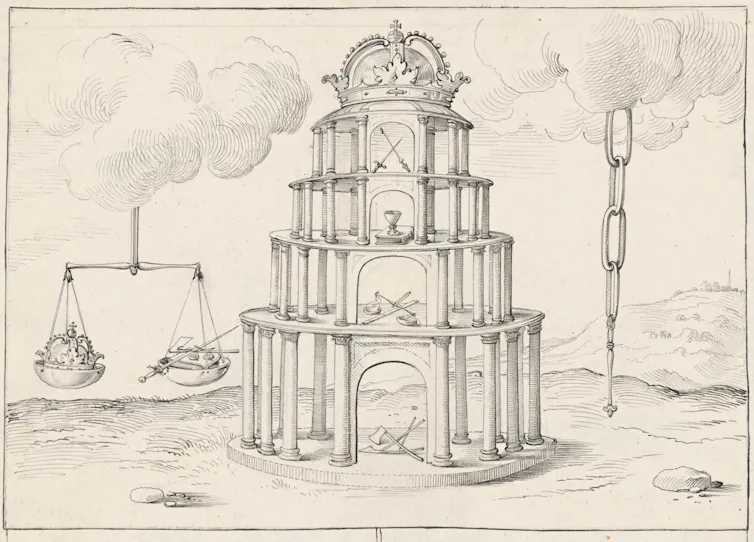 A drawing of a symbolic edifice topped with a royal crown