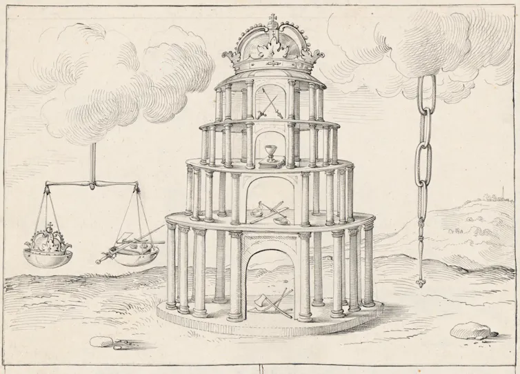 Illustration du XVIIe siècle représentant l’équilibre entre les ordres du royaume et la Couronne, réalisée par Schering Rosenhane.