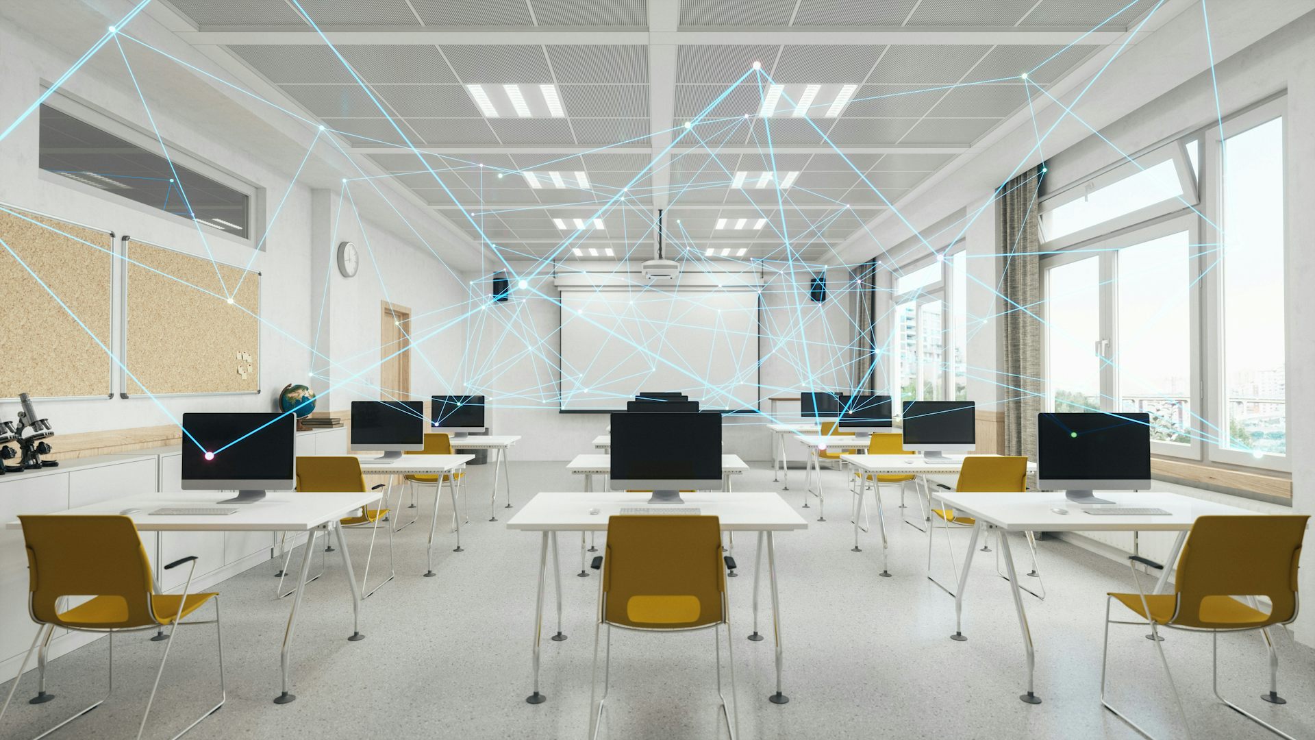Líneas conectoras que sugieren redes digitales vistas entre sillas de aula.