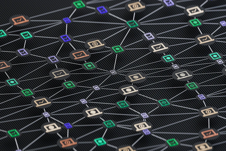 Different nodes are connected on a large network.