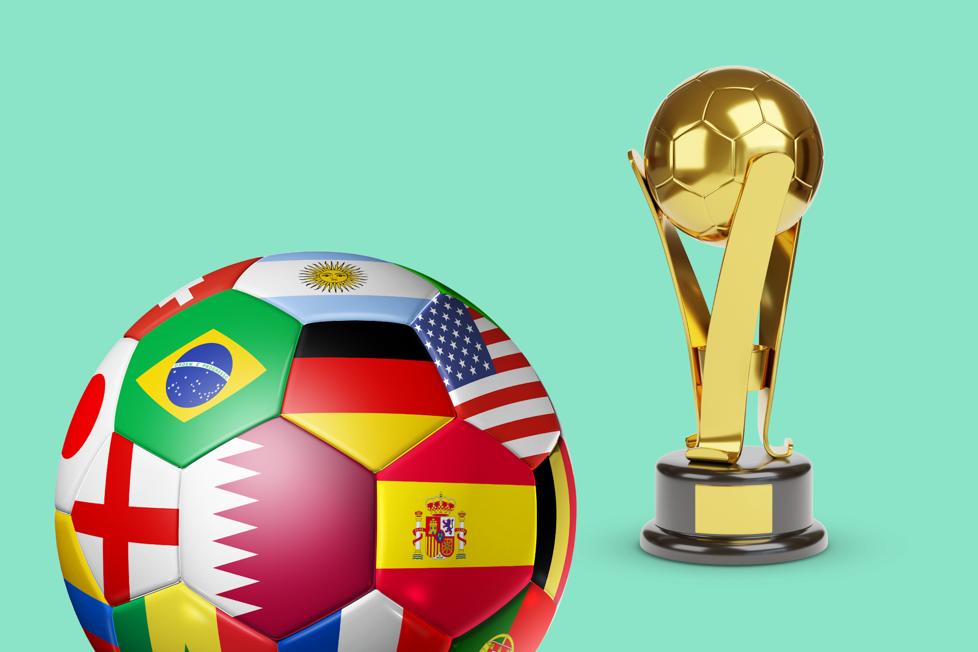Graphic showing a soccer ball with flags and the world cup trophy