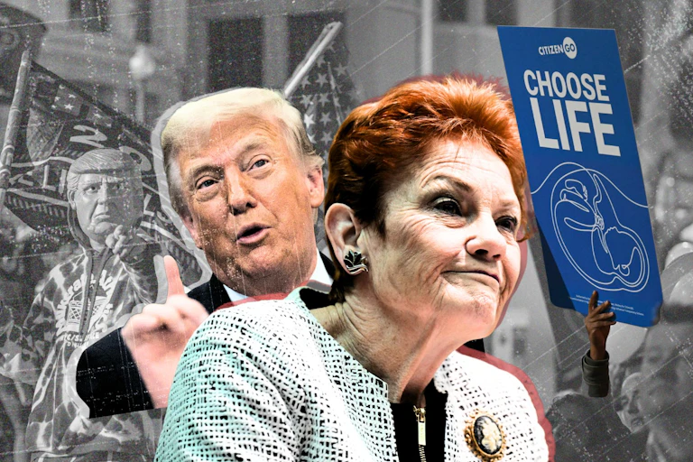 Pauline Hanson and Donald Trump with MAGA and anti-abortion signed in the background