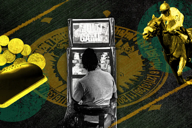 An image featuring graphics related to gambling, including coins, a football, a poker machine and a jokey riding a horse.