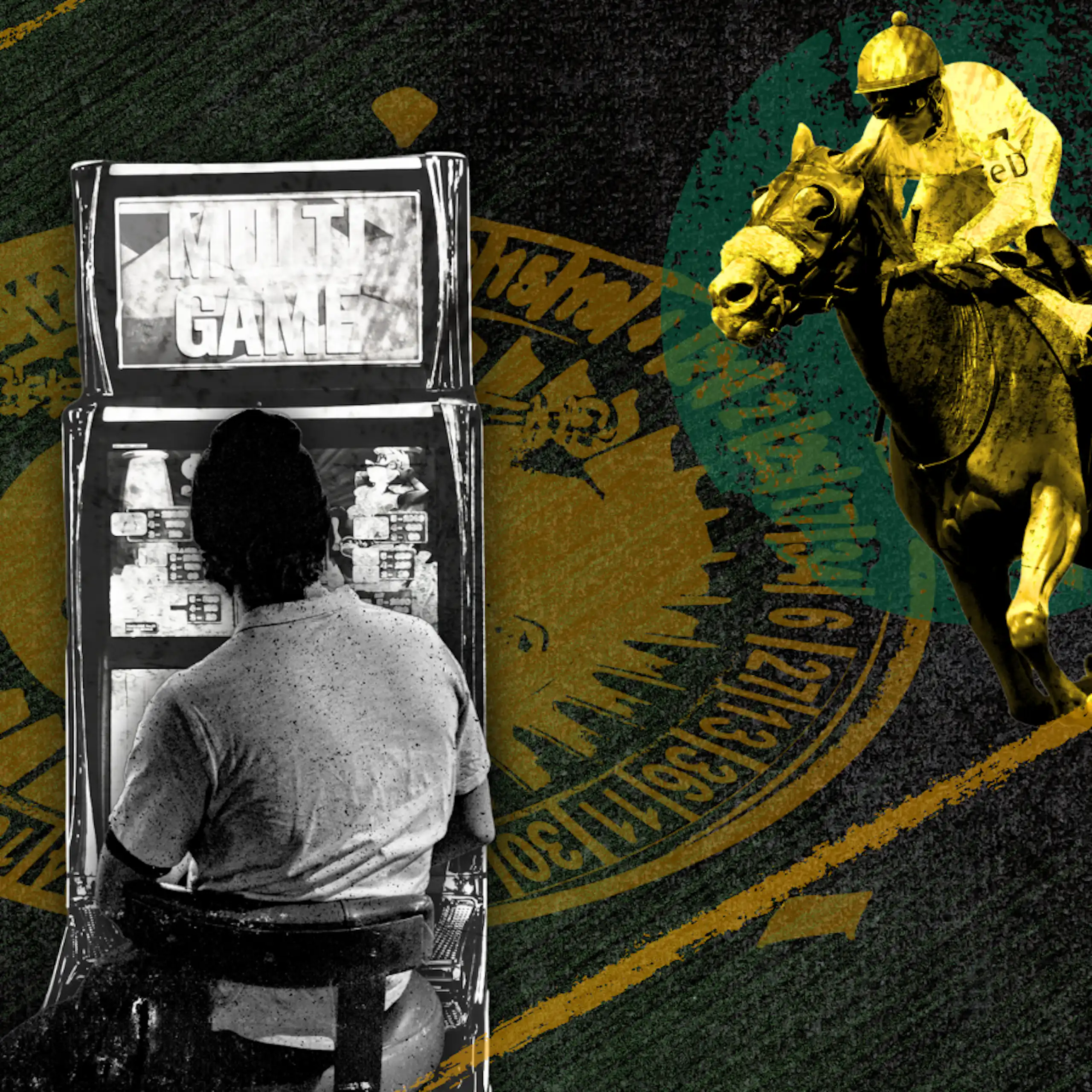 An image featuring graphics related to gambling, including coins, a football, a poker machine and a jokey riding a horse.