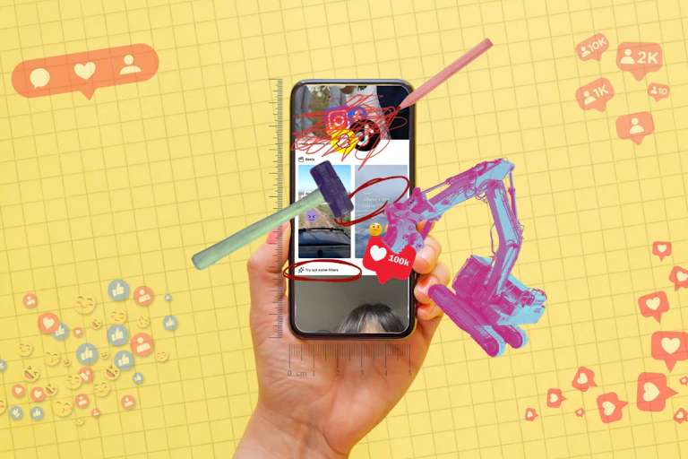 A mobile phone with circled social media elements being deleted with heavy machinery