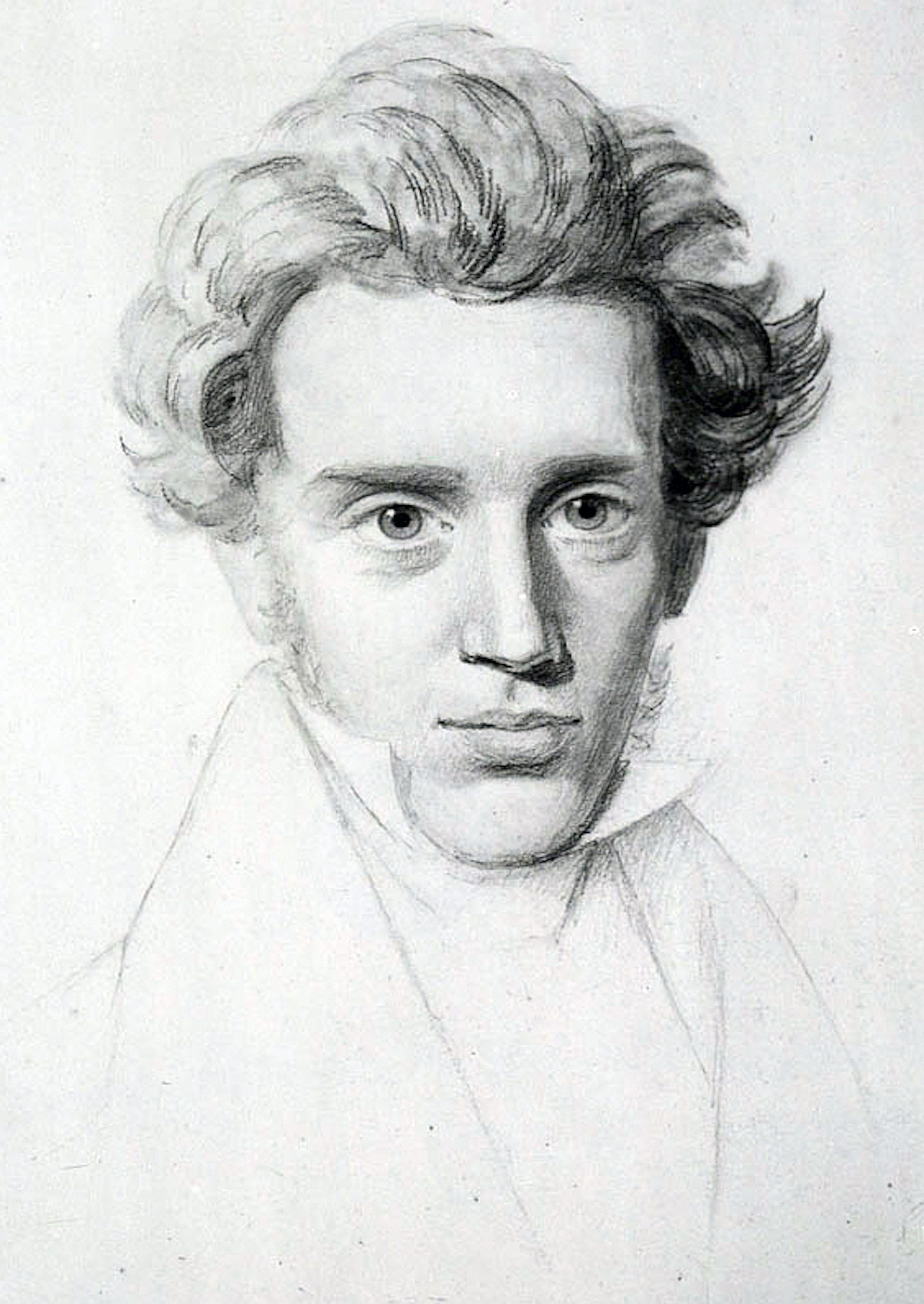 Portrait of Søren Kierkegaard showing his signature floppy hair