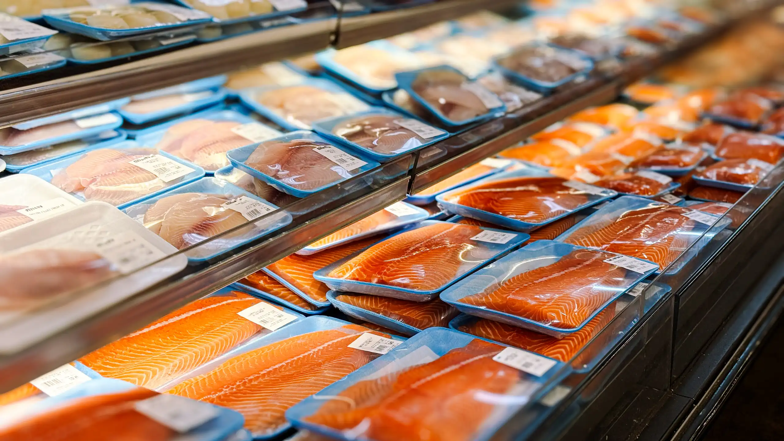 Des filets de saumon, tilapia et autres poissons conditionnés dans des barquettes bleues recouvertes d’un film plastique, au rayon frais d’un supermarché.