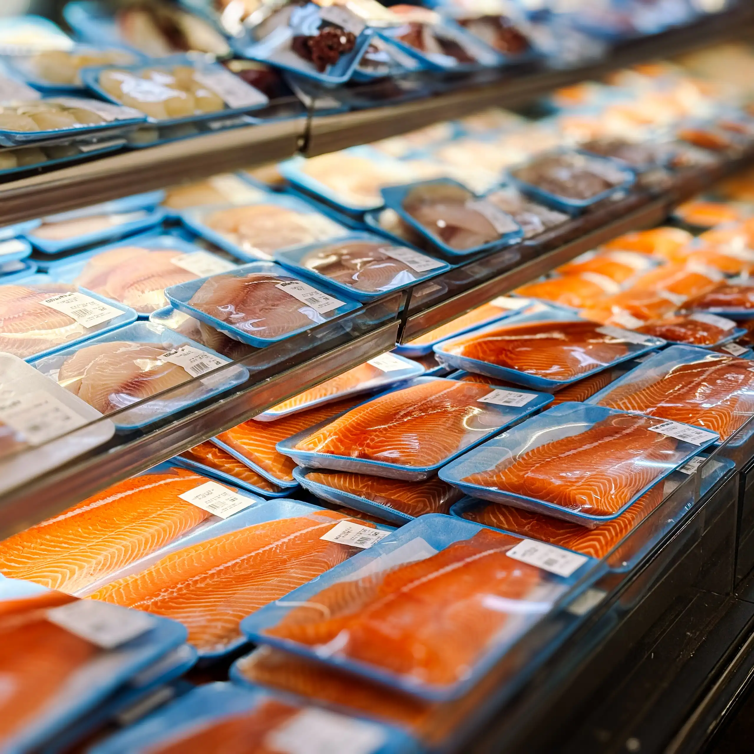 Des filets de saumon, tilapia et autres poissons conditionnés dans des barquettes bleues recouvertes d’un film plastique, au rayon frais d’un supermarché.
