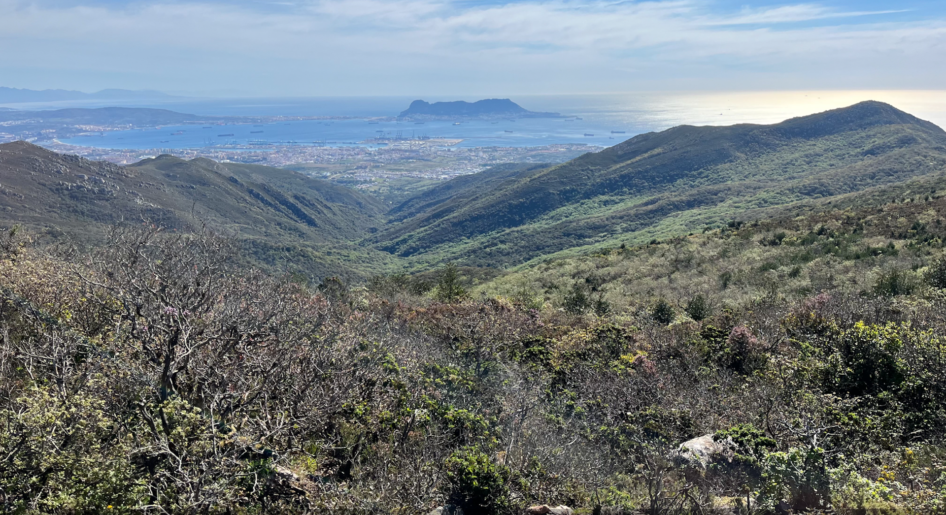 Paisaje de montaña mostrando herrizos en las crestas, alcornoques en las laderas y quejigos en el fondo del valle.