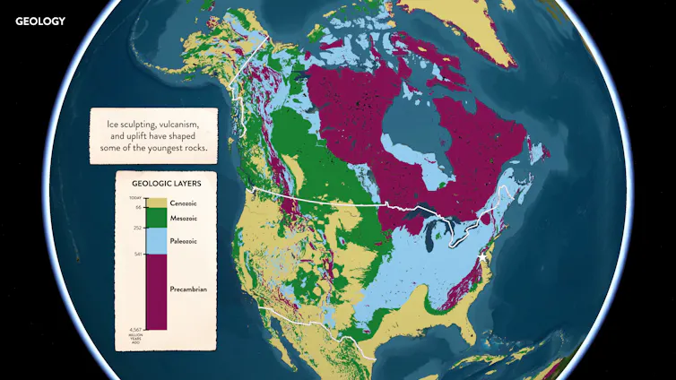 Map of North America colored by geologic age, showing older Precambrian rocks across much of Canada and younger Paleozoic, Mesozoic and Cenozoic rocks across different parts of the United States and Mexico.