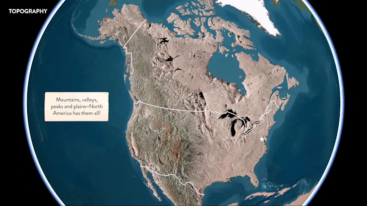 Topographic relief map of North America showing mountains, valleys, plains and other landforms.