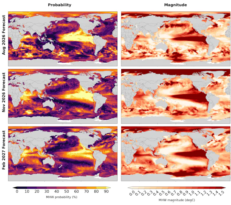 El Niño ha vuelto y las temperaturas del océano ya están cerca de niveles récord: esto podría significar un desastre para los peces y los corales. 2 Los mapas muestran un riesgo creciente, especialmente frente a California y en el Océano Índico. El Océano Ártico también se está calentando