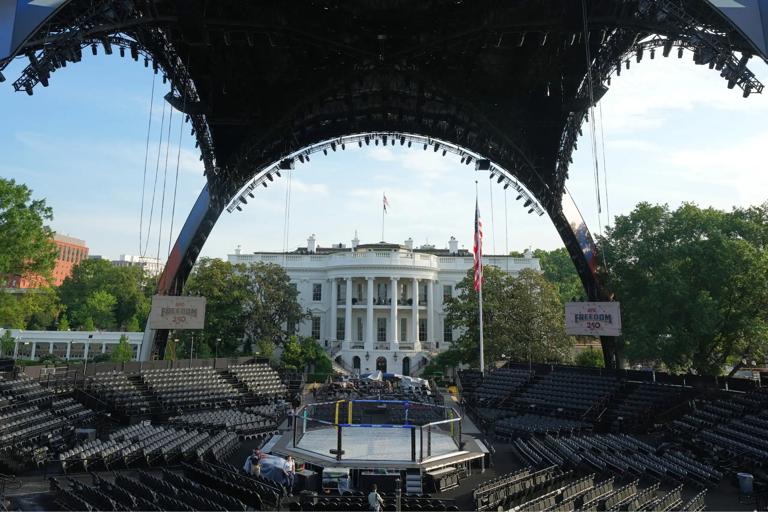 The arena for the UFC Freedom 250 fights are seen on the South Lawn of the White House.