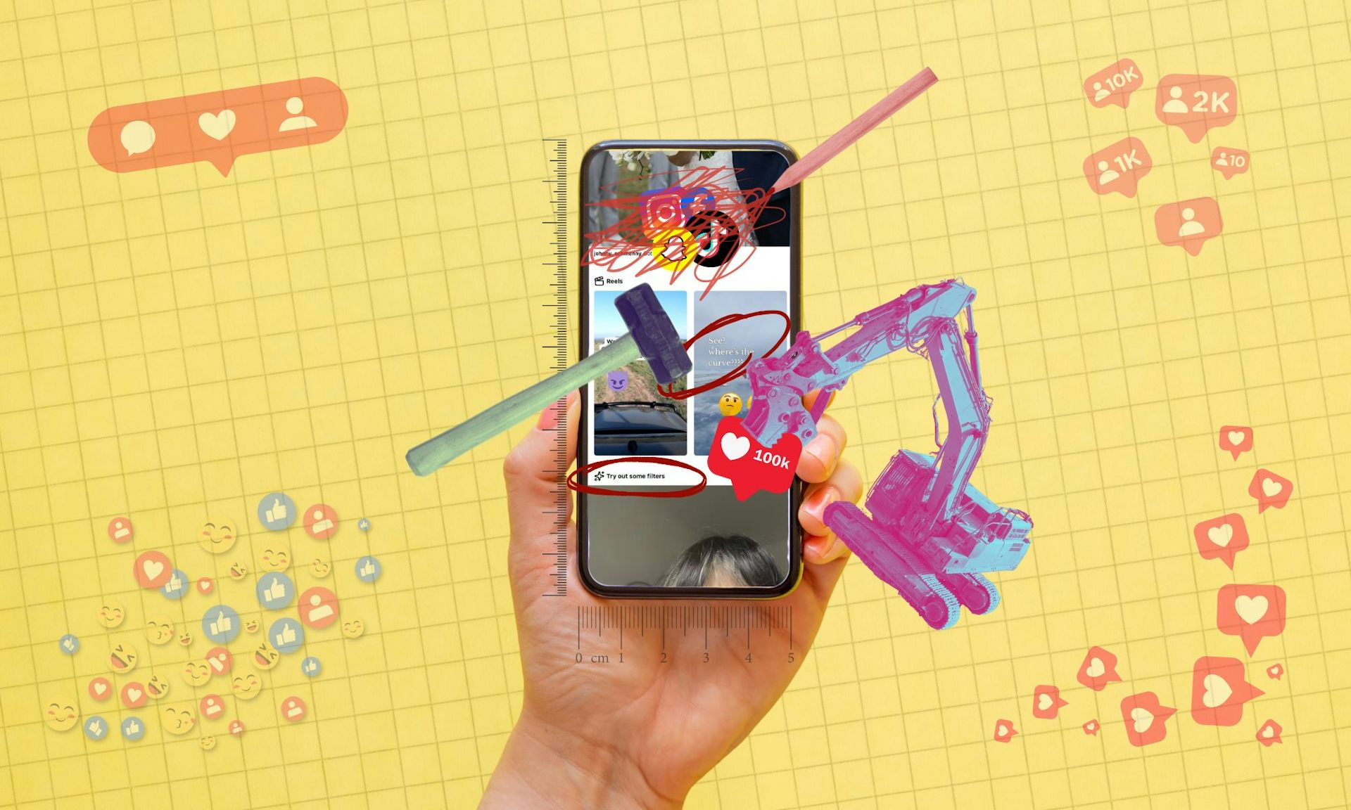 A mobile phone with circled social media elements being deleted with heavy machinery
