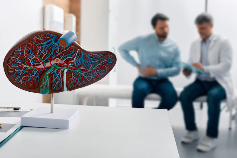 A man speaks with his doctor about pain he is experiencing in his side. On the left-hand side of the picture, there is a diagram of a human liver to depict possible liver disease or cancer.