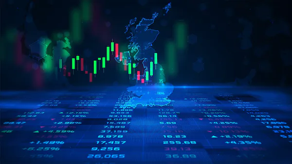 Digital graphic showing financial figures, a bar chart and UK map.