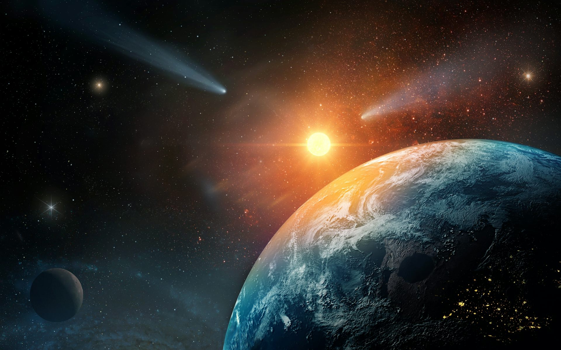 A Terra vista do espaço, com o Sol brilhando ao fundo