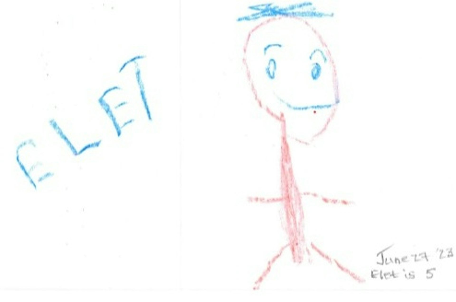 A child's drawing shows ELET and a stick figure.