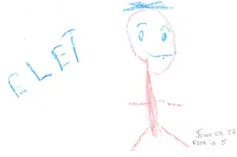 A child's drawing shows ELET and a stick figure.