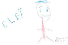 A child's drawing shows ELET and a stick figure.