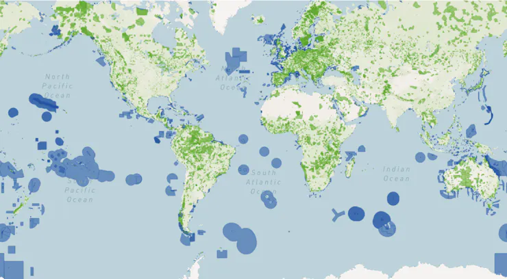 A map showing lots of marine protected areas scattered largely around islands
