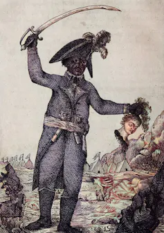 Drawing of Black man in military regalia holding a sword in one hand and the severed head of a white woman in the other.