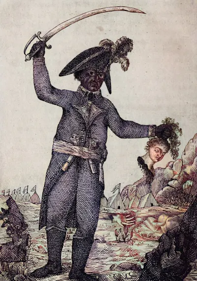 Drawing of Black man in military regalia holding a sword in one hand and the severed head of a white woman in the other.
