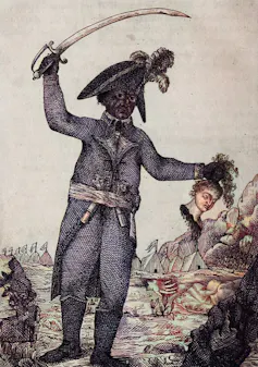 Drawing of Black man in military regalia holding a sword in one hand and the severed head of a white woman in the other.