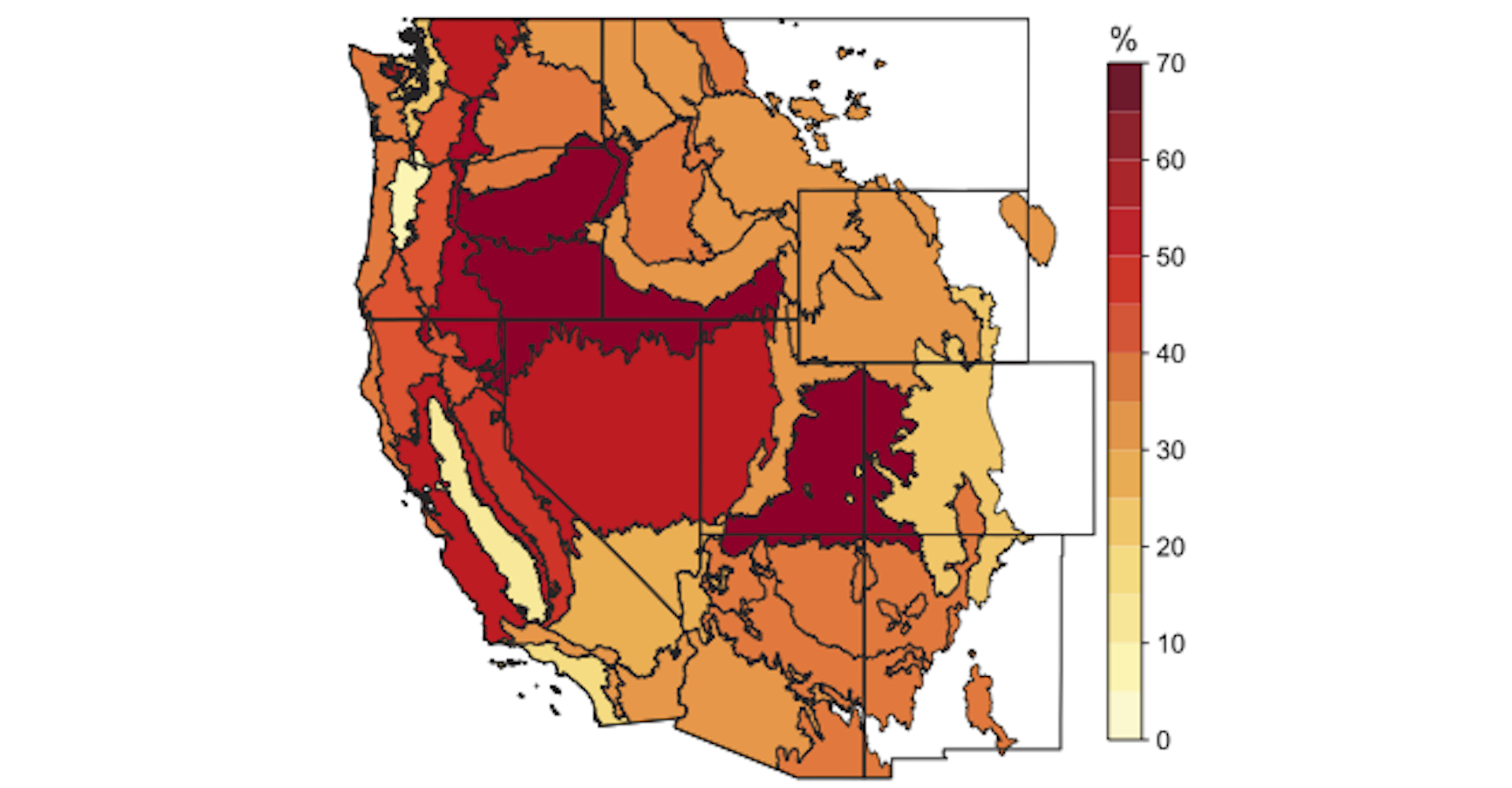Un mapa del oeste de EE.UU. muestra el mayor impacto de las olas de calor en partes de California, Oregón, Nevada, Idaho y Utah, pero todas áreas con porcentajes elevados.