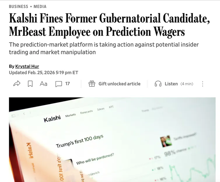 A screenshot of a headline from The Wall Street Journal that says 'Kalshi Fines Former Gubernatorial Candidate, MrBeast Employee on Prediction Wagers.'