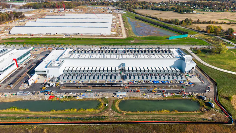 Aerial view of construction of new data centre and AI hub in the suburbs of Columbus city, Ohio.