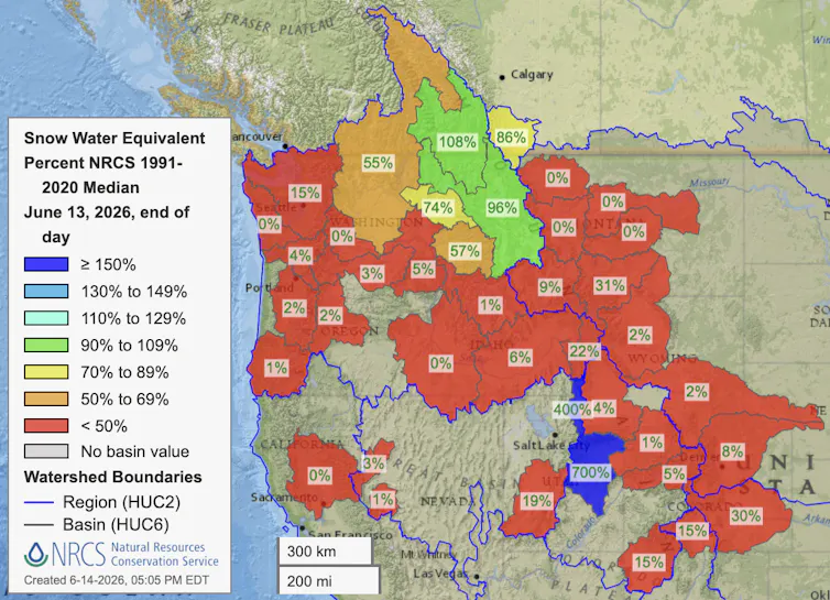 A map of the Western U.S. shows just about everywhere except northern Idaho far below normal.