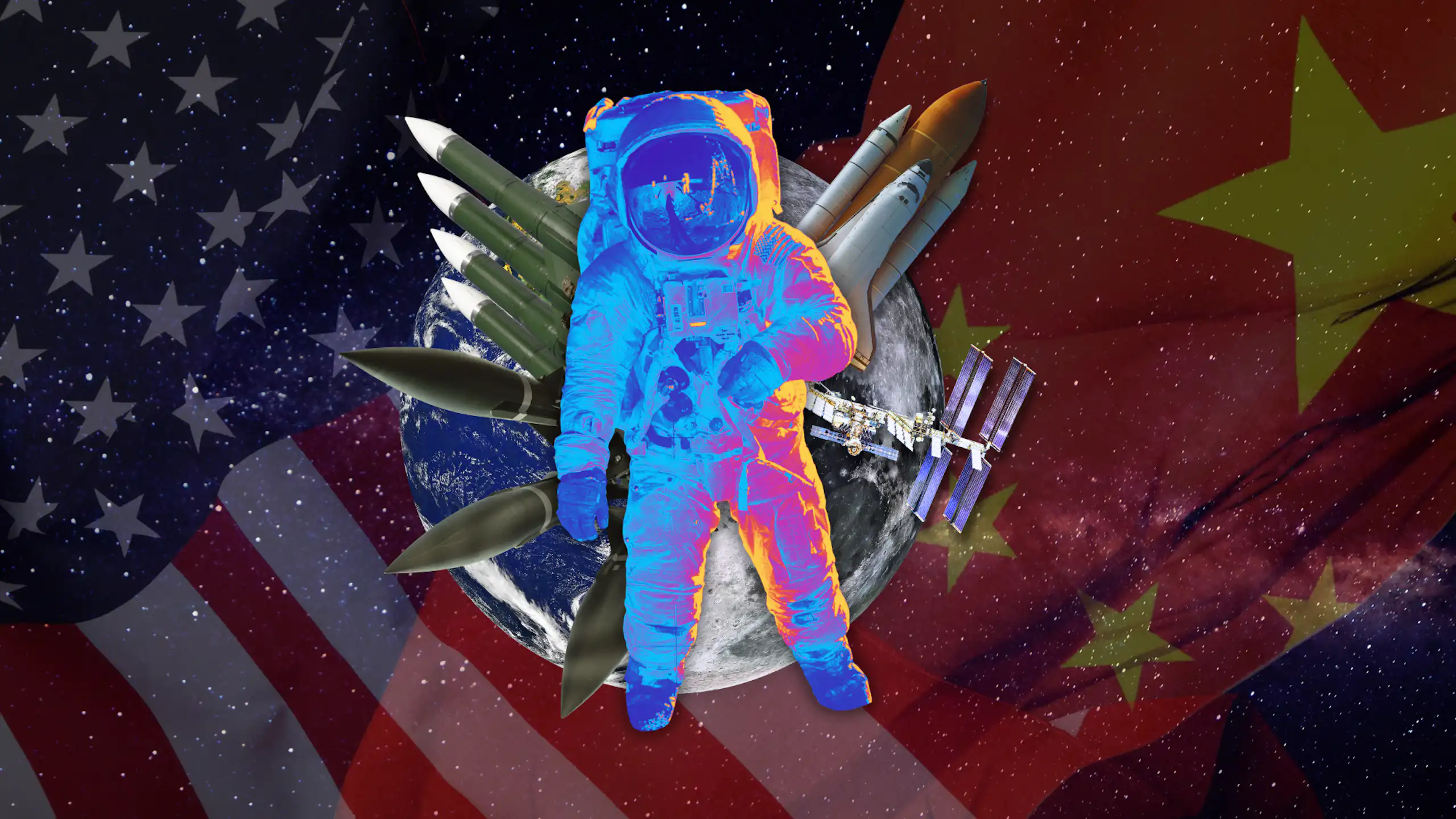 An astronaut with the earth, moon, missiles and a space shuttle in the background