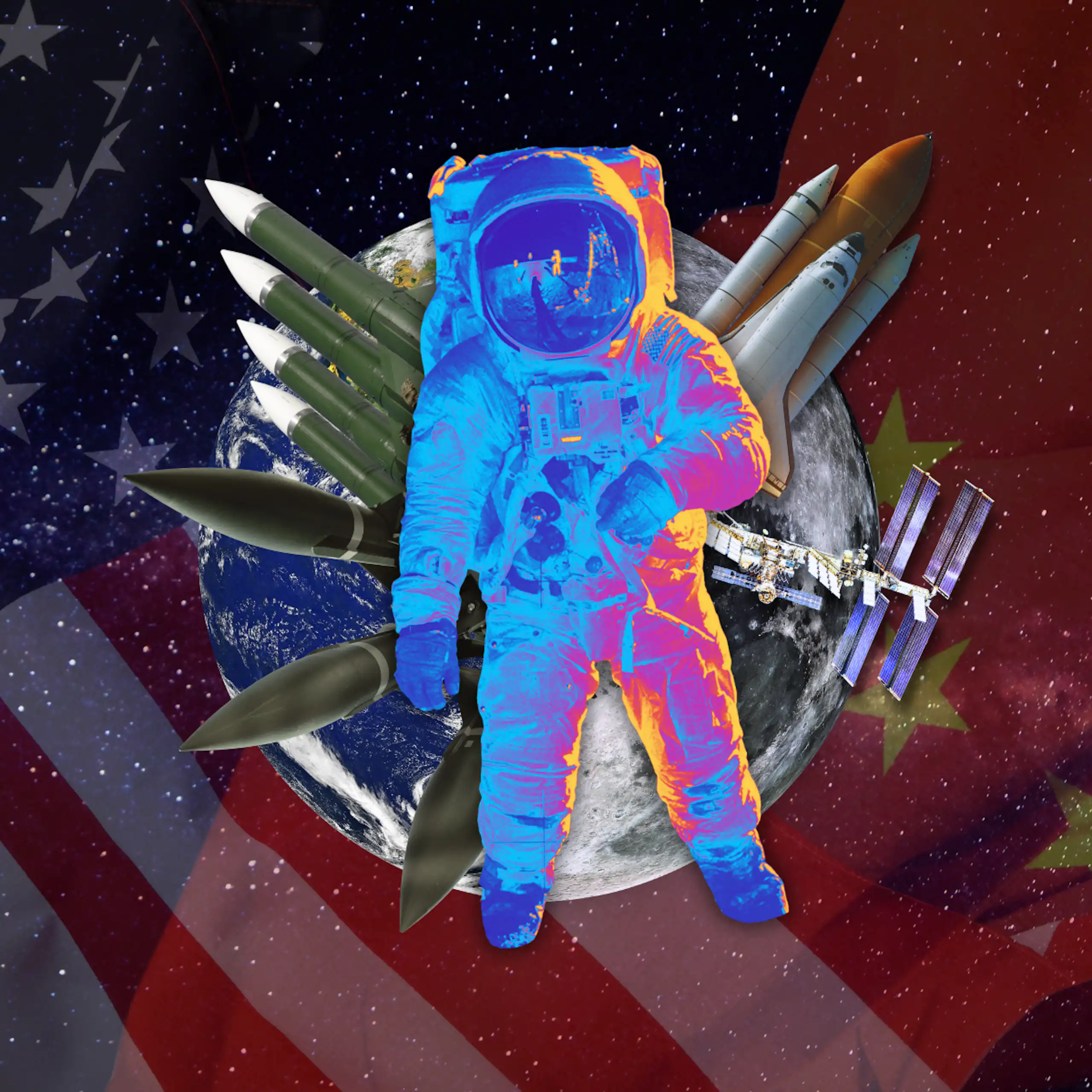 An astronaut with the earth, moon, missiles and a space shuttle in the background