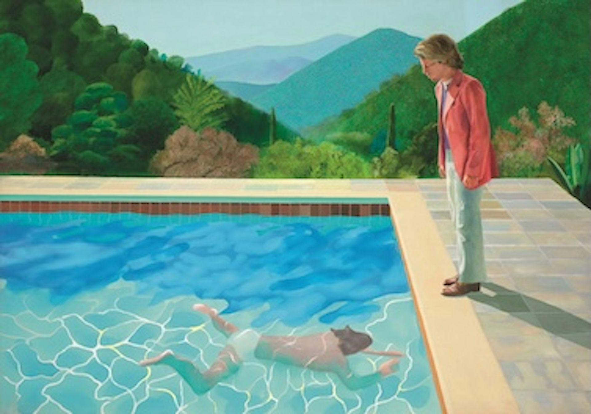 A David Hockney painting of a man swimming underwater in a pool while another man watches him from the poolside.