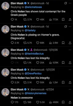 Tweets de Elon Musk en los que alega que Nolan