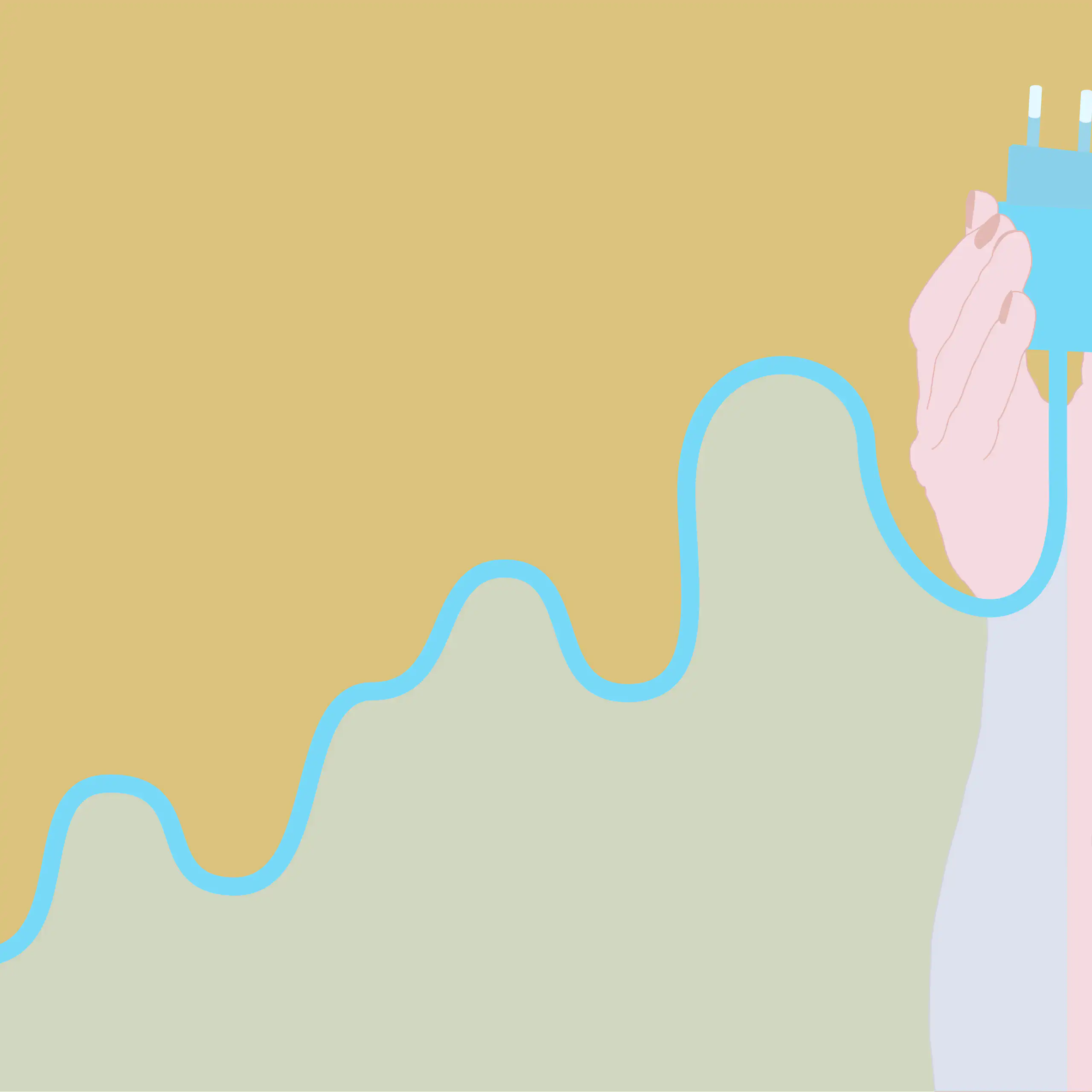 A hand holds an electric plug as its wire forms the shape of a rising-trend graph.