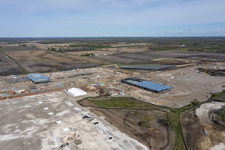 An aerial view of a large construction site.