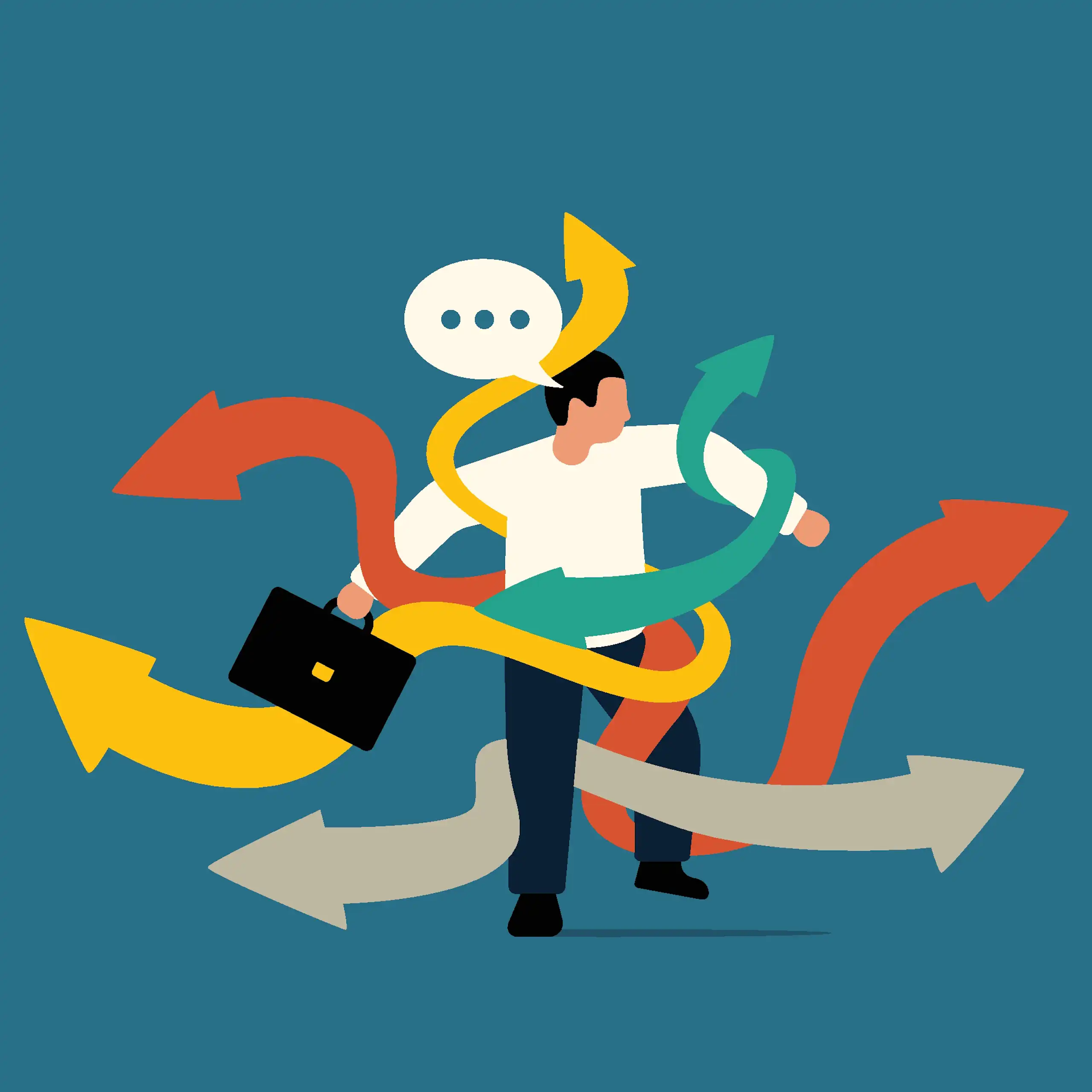 Graphic design of a man with a briefcase snarled up in conflicting signals.