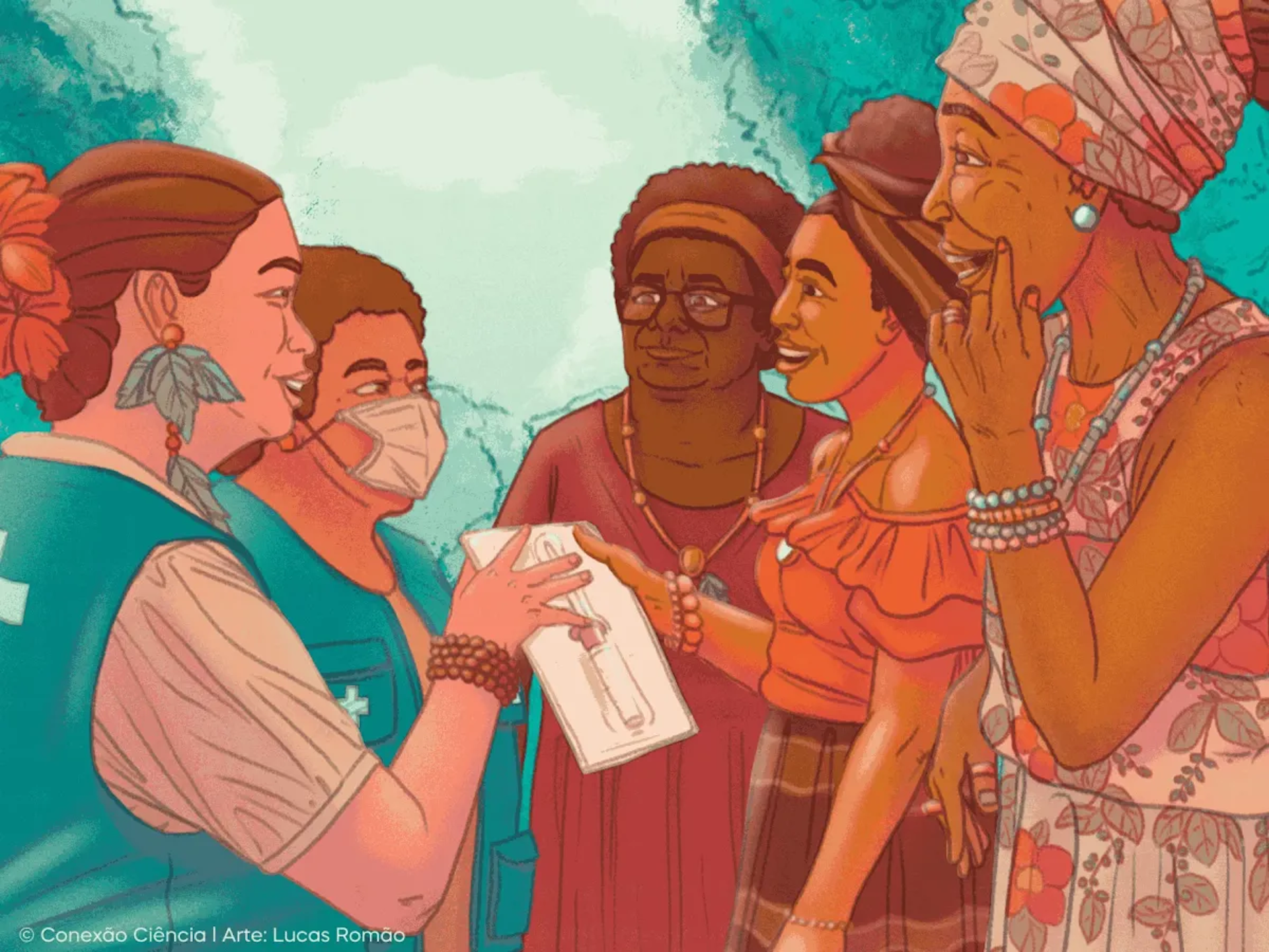 Ilustração mostra uma agente comunitária de saúde convresando com algumas mulheres negras