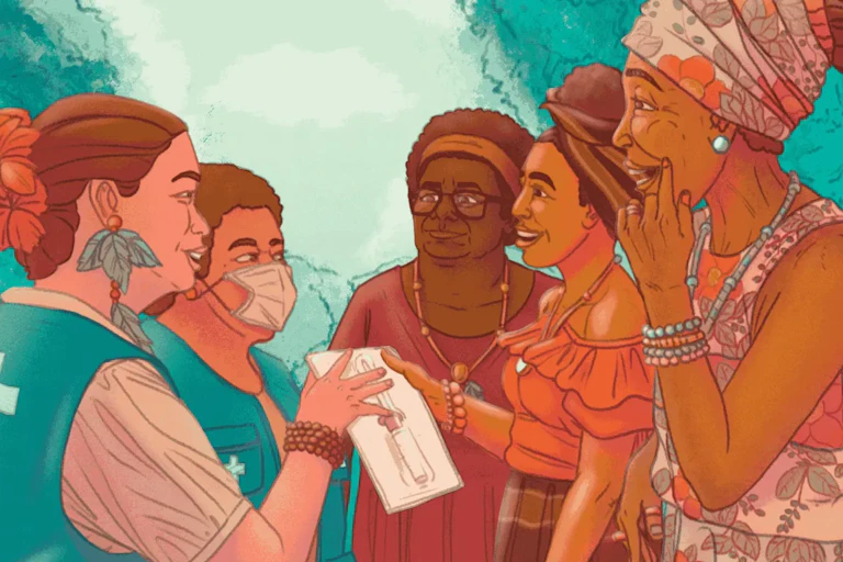 Ilustração mostra uma agente comunitária de saúde convresando com algumas mulheres negras