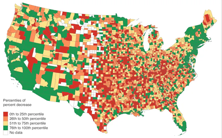 U.S. map depicting percentile decreases in cancer deaths by county