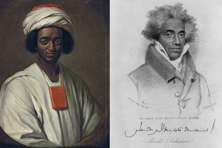 Two portraits displayed side by side. On the left is a man wearing a headdress and a white robe, with a Qur'an suspended around his neck. On the right is a signed black-and-white sketch depicting a man in a high-collared jacket.