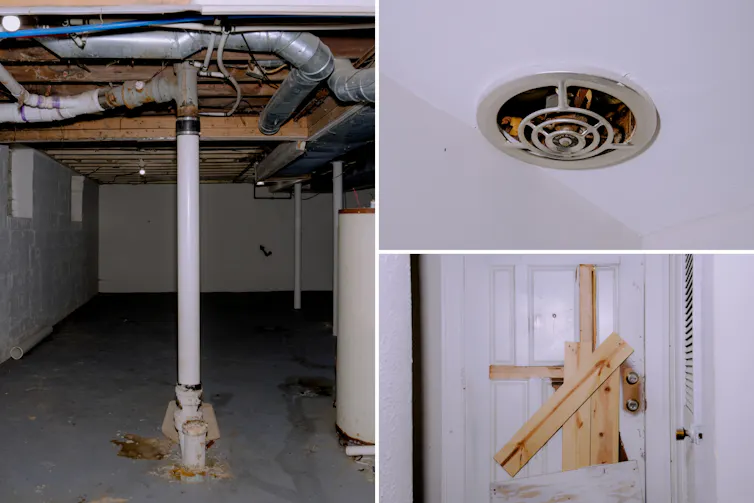 A collage of close-ups of repairs needed: in a basement, an unfinished plastic pipe, a ceiling fan with debris inside, a door is boarded up